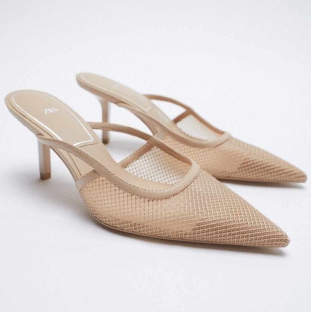 Zara Womens Mesh Pointed Toe Stilleto Heel Comfort Beige Mule Pump Shoe Size 37
